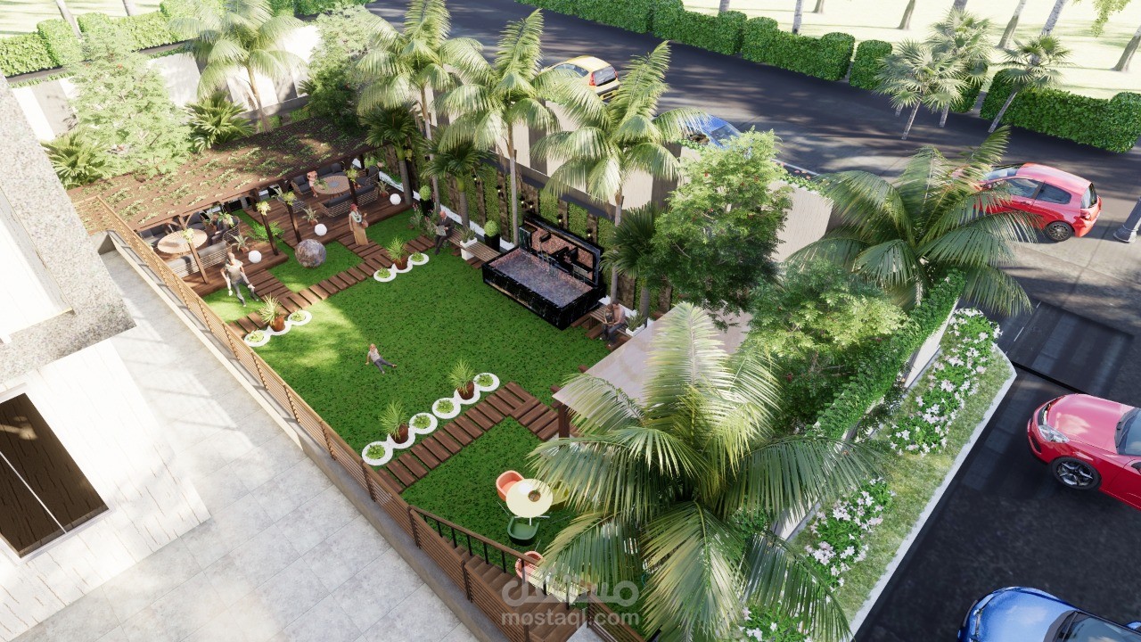 تصميم لحديقة وفناء منزلي لفيللا سكنيه ليلي ونهاري