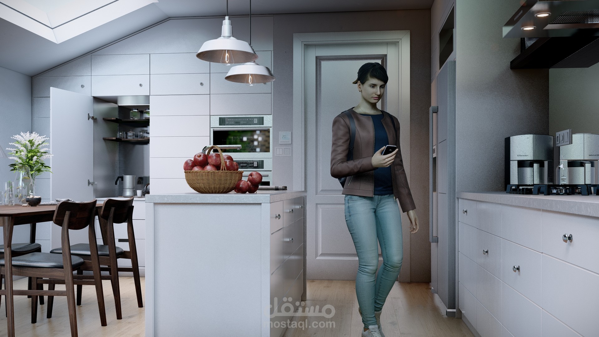 تصميم داخلي لمطبخ مع باكيارد لفيللا بالسعودية