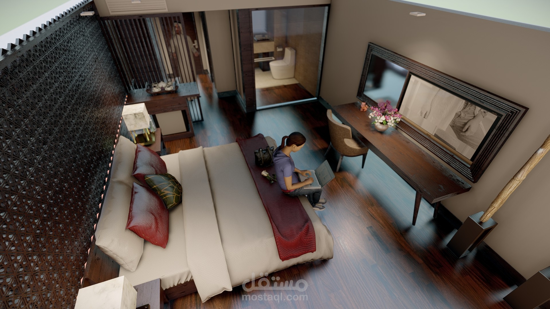 تصميم داخلي لغرفة نوم ماستر بالحمام الخاص بها