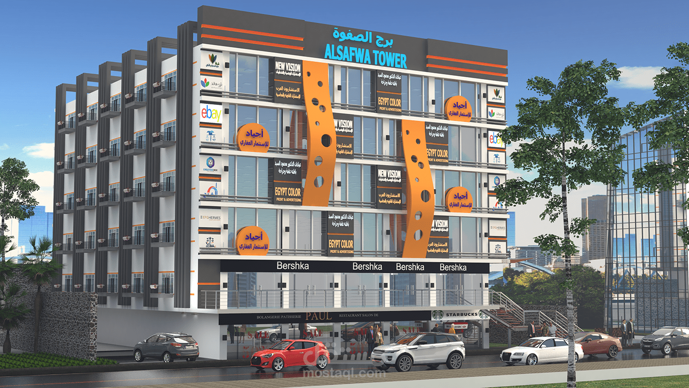 تصميم ثري دي عماري واظهار معماري لبرج اداري في حدائق الاهرام بمصر