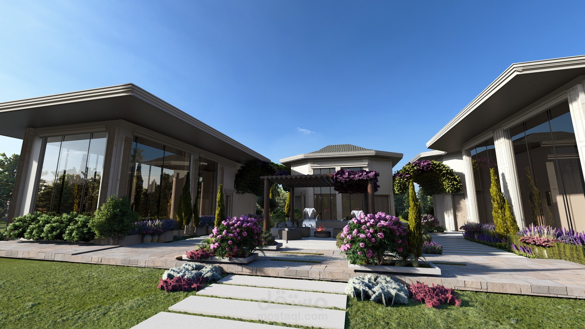 تنسيق واجهه استراحة  مع حديقة في السعودية