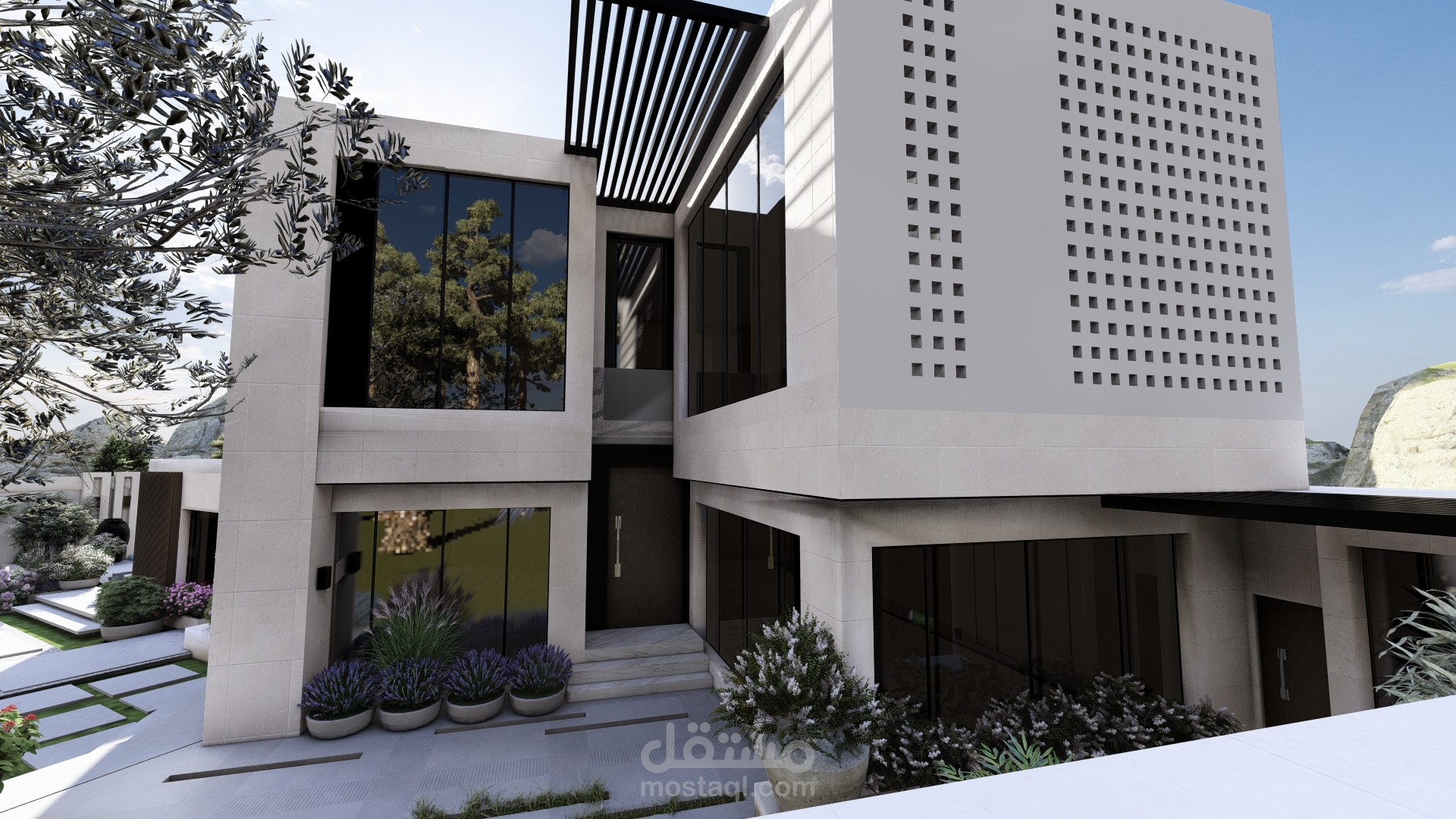 واجهه فيلا خارجية .وتنسيق حديقة السعودية مع مخططات سباكة وفرش