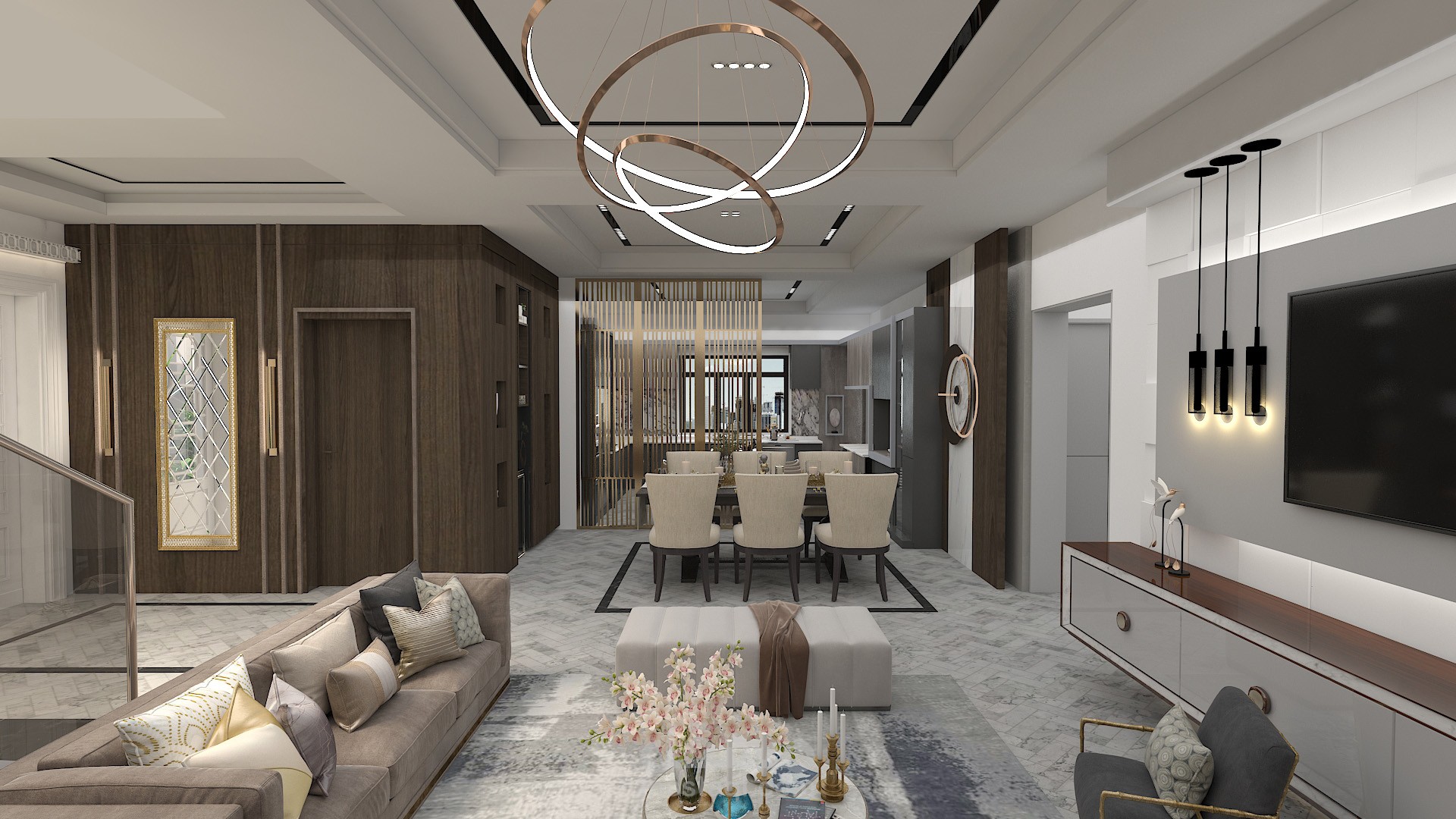 3D design of living room, dining room and entrance