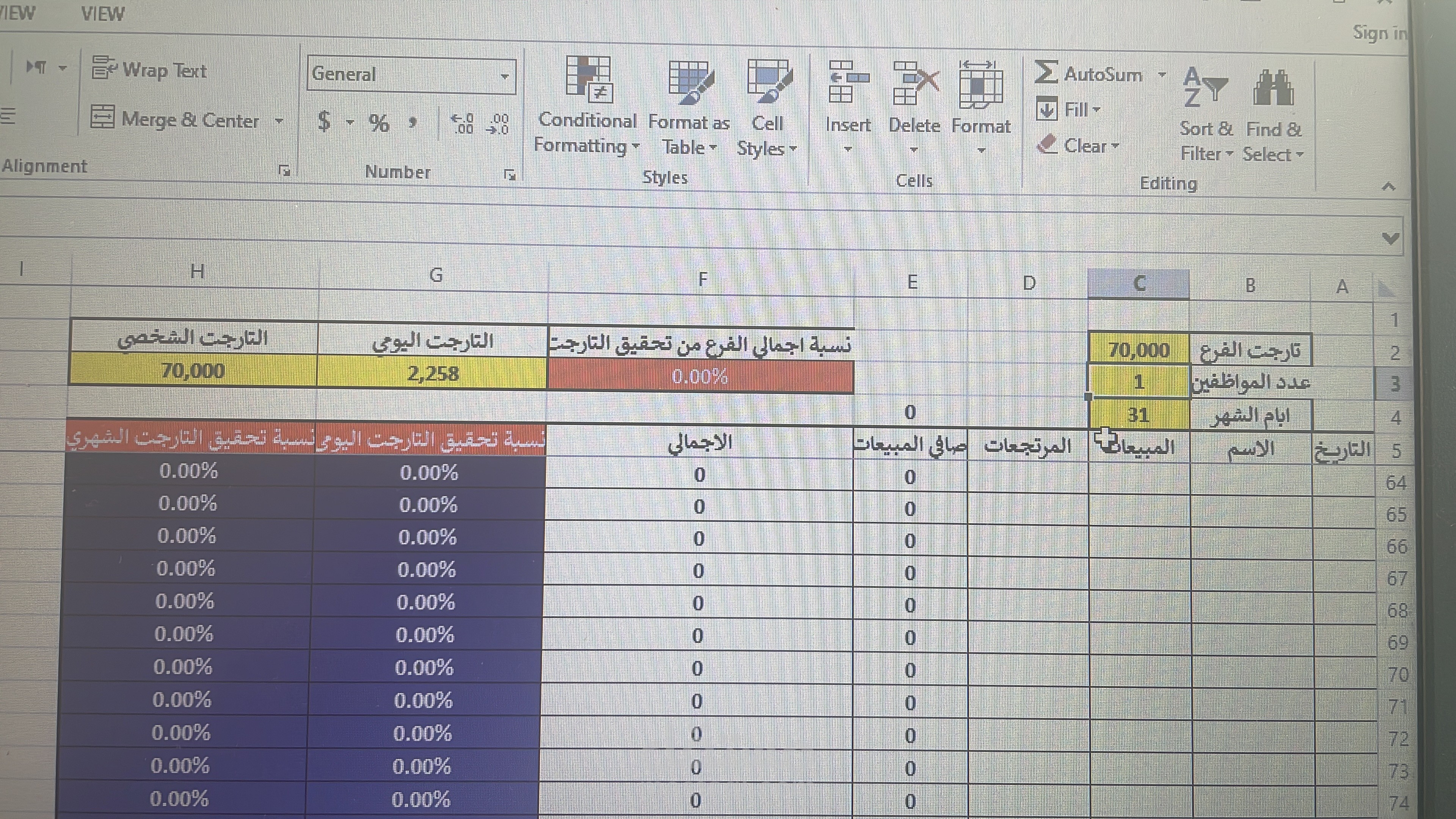 ملف مبيعات للفروع مع حساب التارجت الشهرى للفرع و للاشخاص