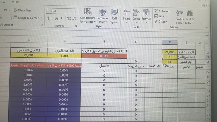 ملف مبيعات للفروع مع حساب التارجت الشهرى للفرع و للاشخاص