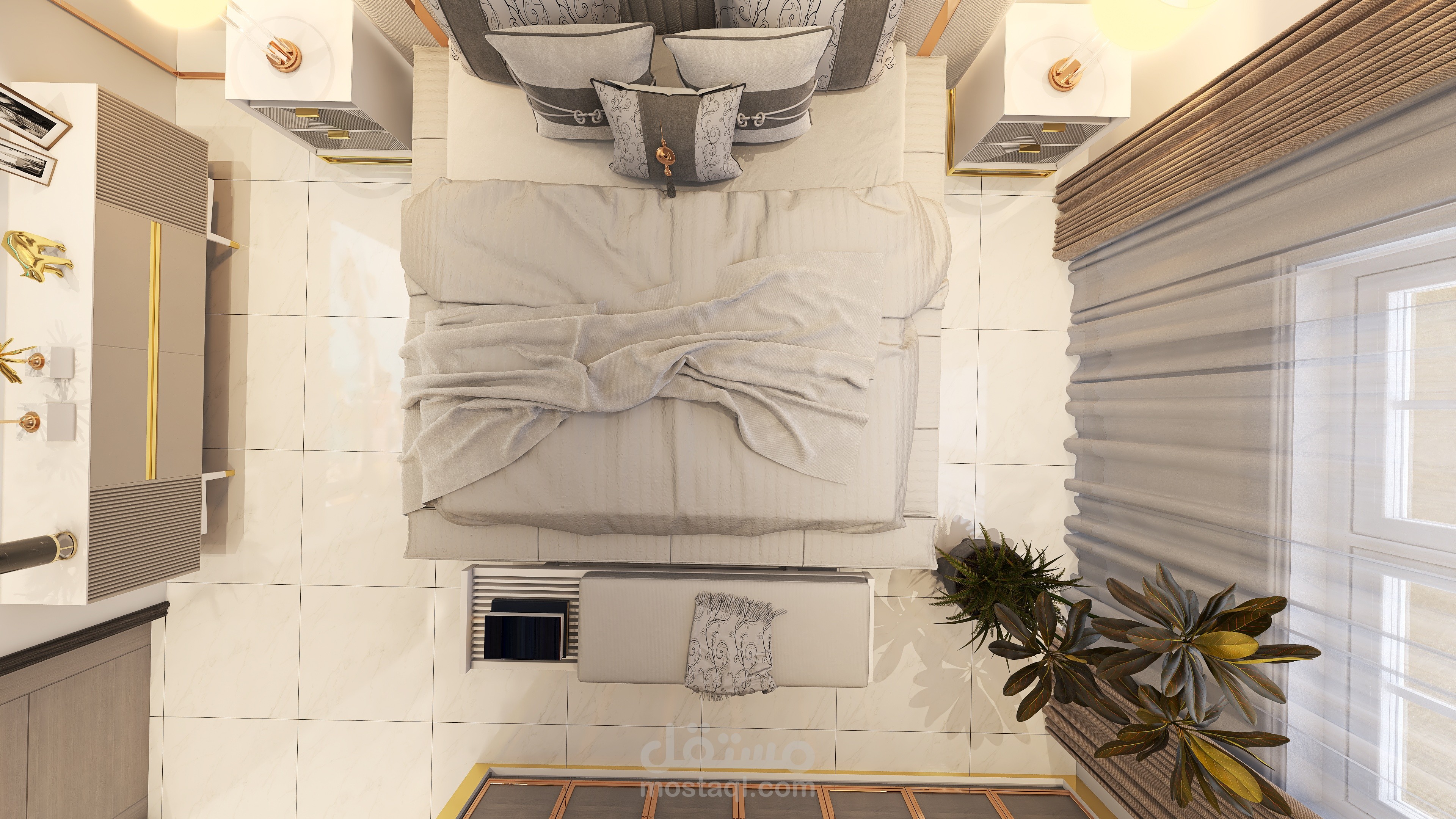 غرفة نوم زوجين هادئة مع حمام